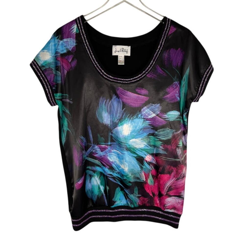 Joseph Ribcoff Women's Short Sleeve Floral Print Top 10 Black Purple Knit